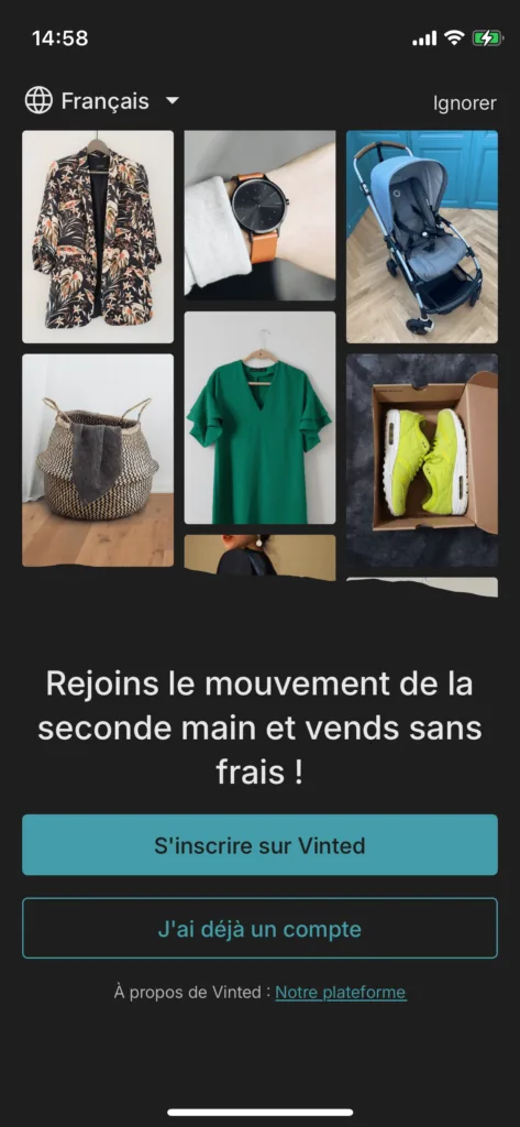 Écran de connexion de l'application Vinted