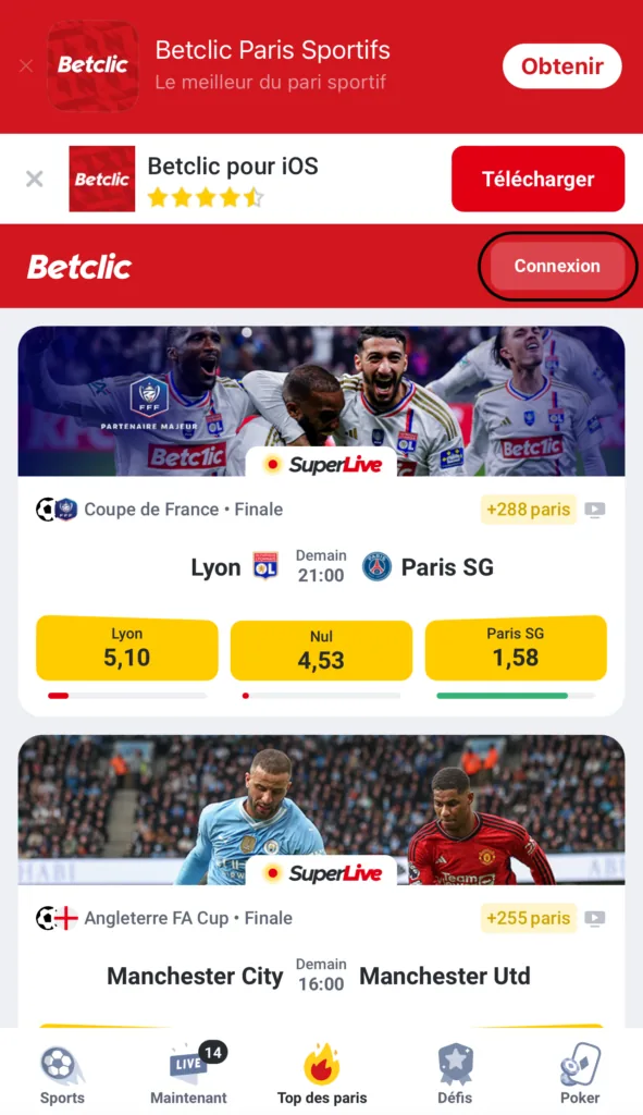 Page d'accueil Betclic, bouton Connexion