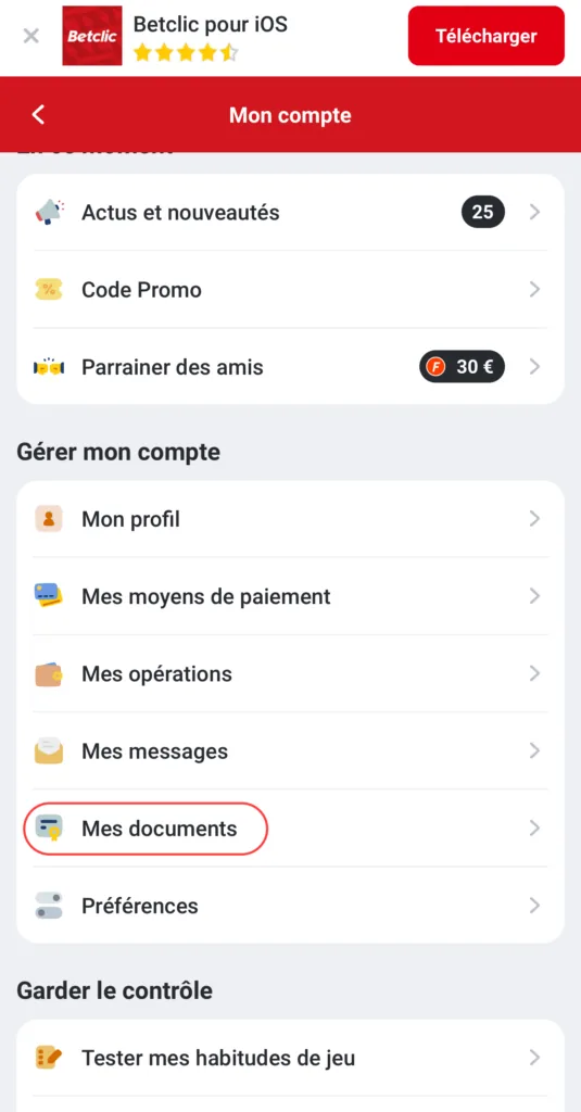 Menu Mes documents du compte Betclic