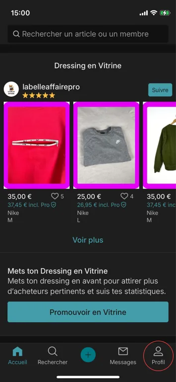 Section Profil de l'application Vinted