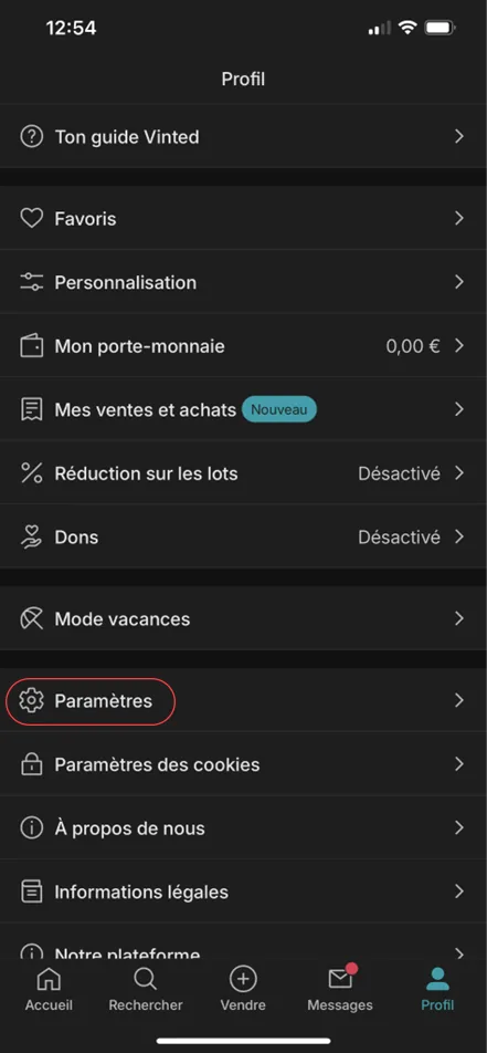 Rubrique Paramètres de l'application Vinted