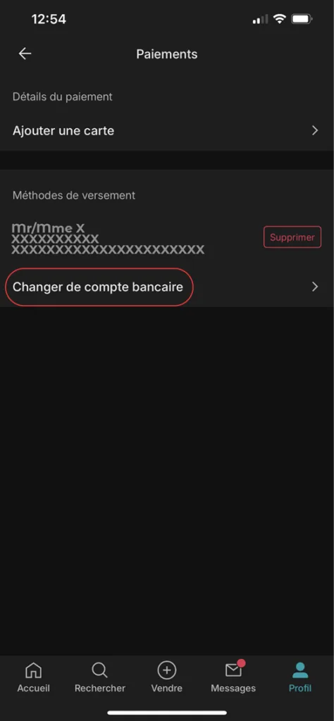 Bouton Changer de compte bancaire sur Vinted