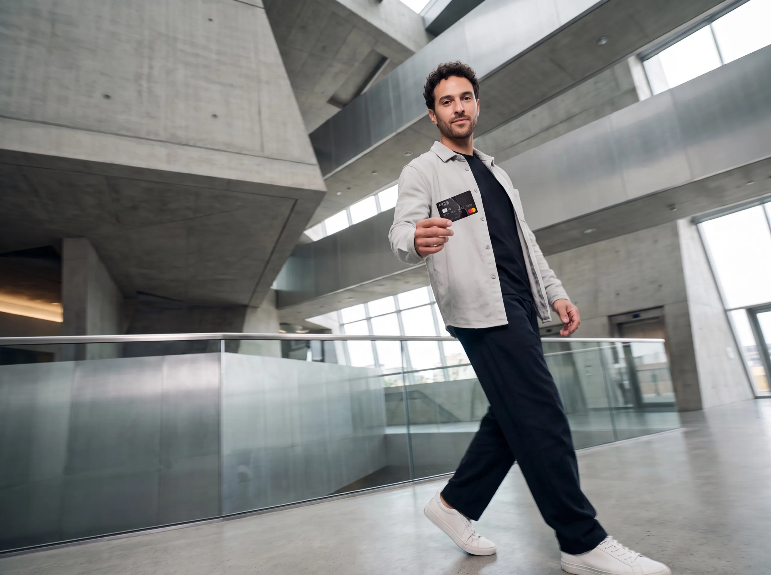 Professionnel marchant avec sa carte PCS Pro en main.