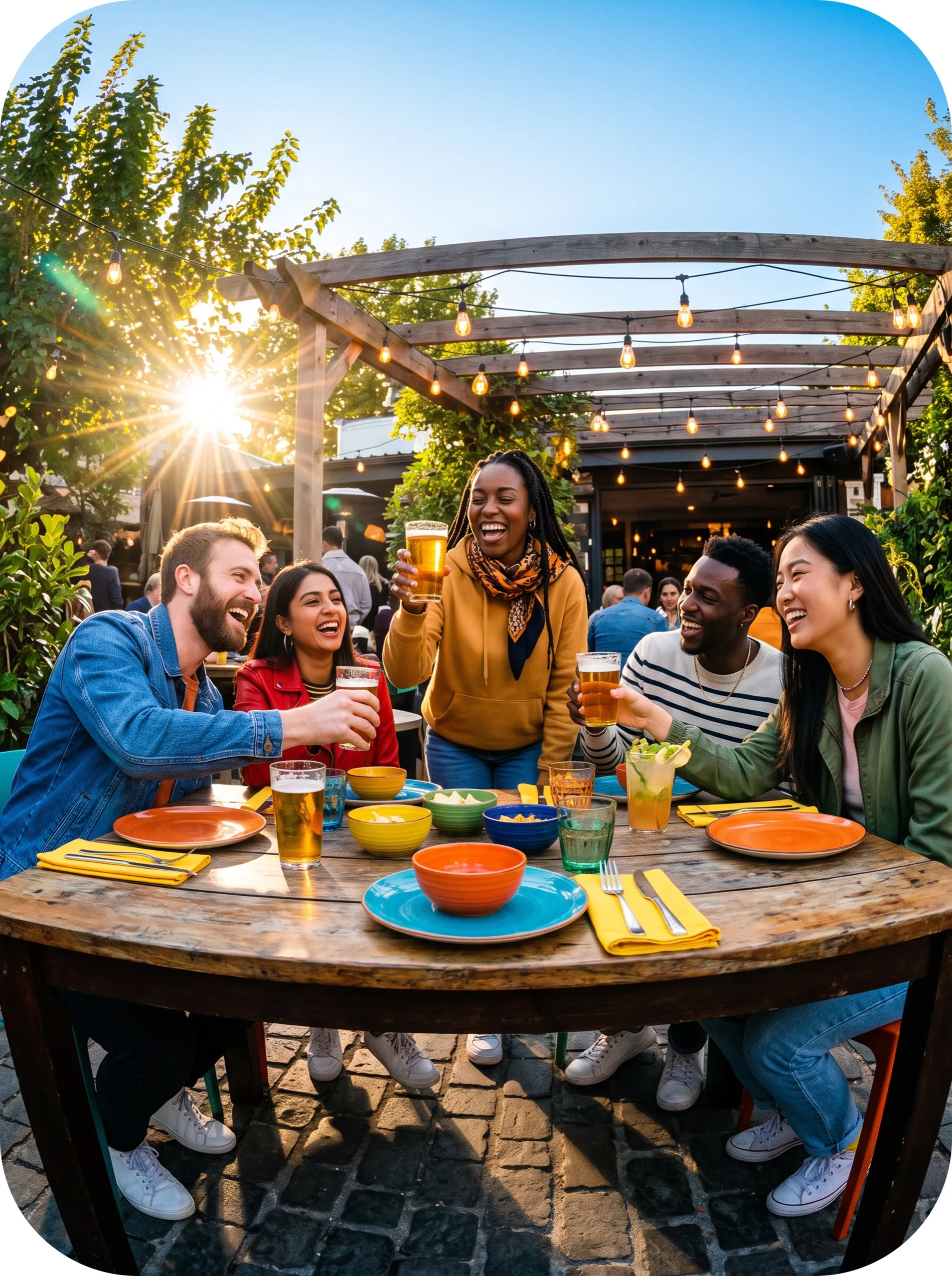 Groupe d'amis attablés en terrasse.