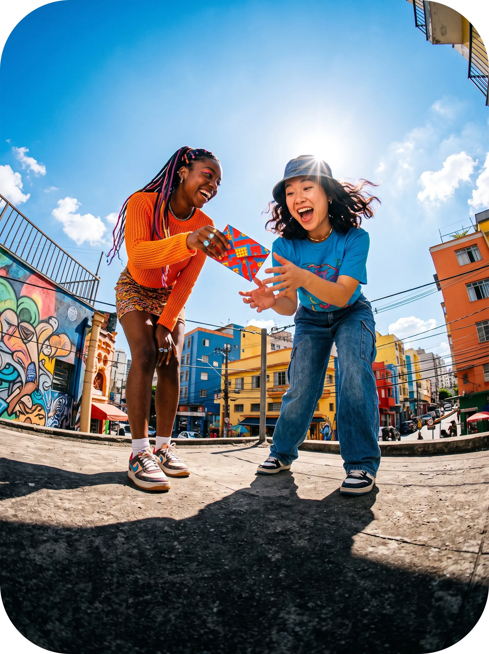Deux amies souriantes dans une rue colorée.
