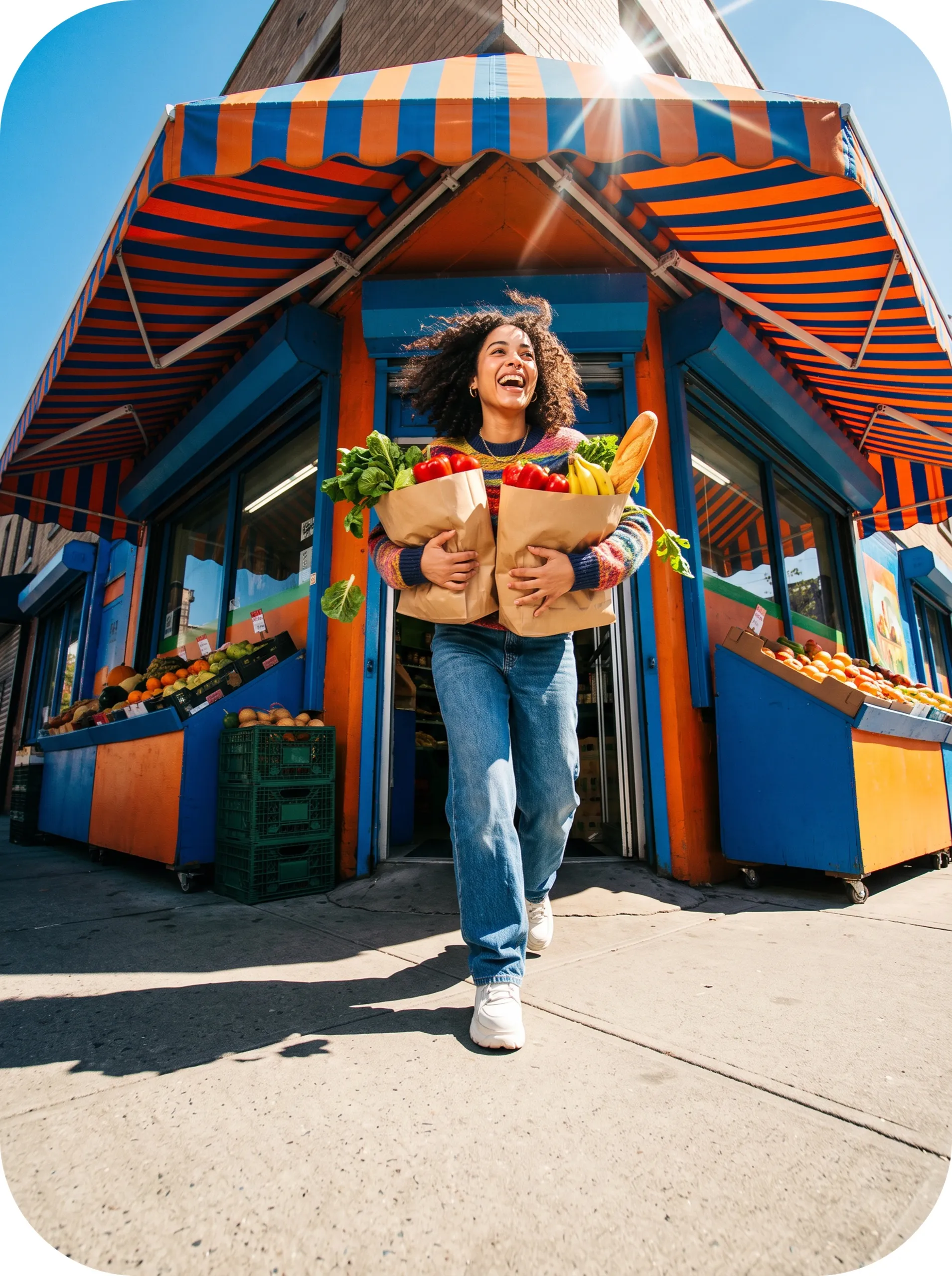 Jeune femme portant ses courses devant une épicerie.
