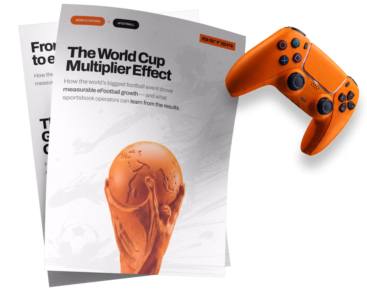 A stack of white papers with the top page titled 'The World Cup Multiplier Effect' describing measurable eFootball growth from the 2022 World Cup, alongside an orange gaming controller.