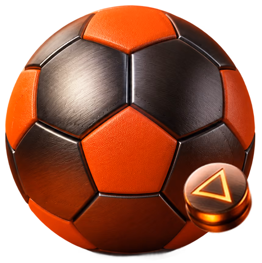 A soccer ball with alternating orange and dark metallic panels and a small round button featuring an orange triangle symbol.