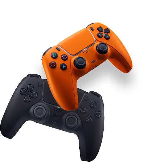 Two video game controllers, one orange and one black, with familiar button icons including directional pad and action buttons.
