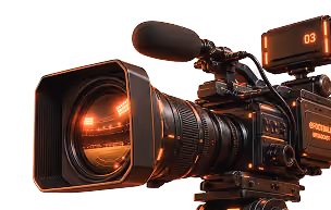 Professional video camera with attached microphone and digital display, showing a close-up of the lens and controls.