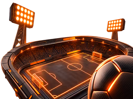 Futuristic neon-lit soccer stadium and a glowing soccer ball in the foreground, both illuminated with orange lights against a dark background.