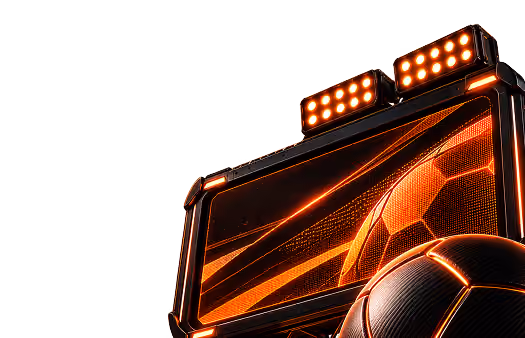 Close-up of a sports scoreboard with bright orange lights and a digital display featuring a stylized soccer ball.