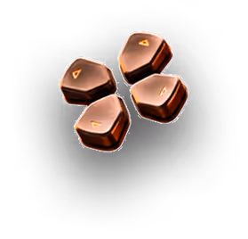 Four polished, glossy brown stones arranged in a roughly clover-like pattern on a black background, each stone marked with a small golden symbol.