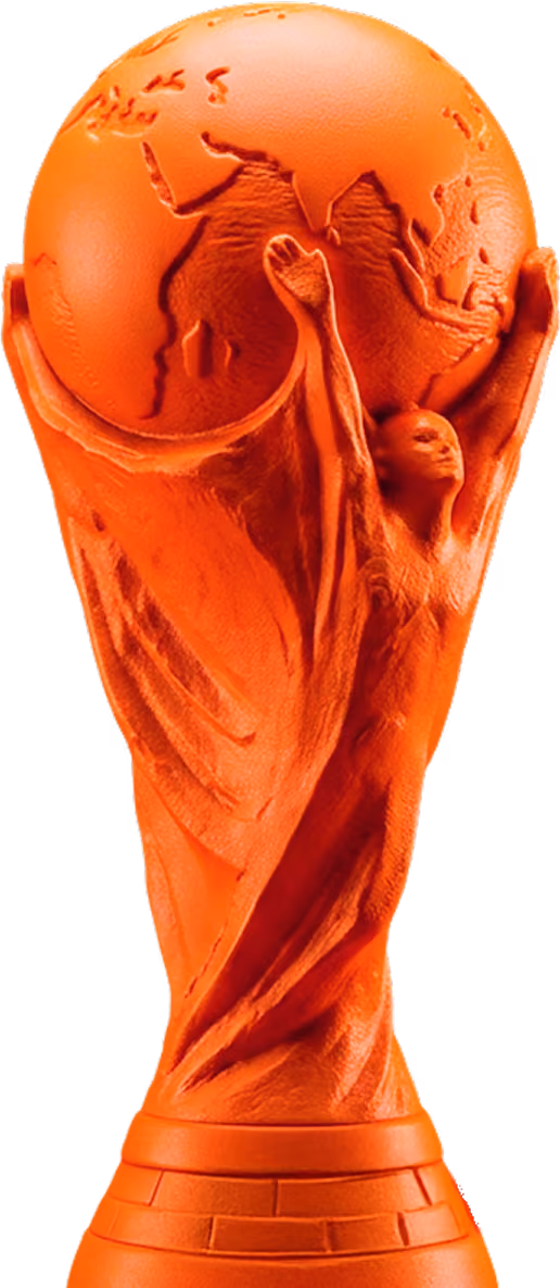 Orange sculpture resembling the FIFA World Cup trophy featuring a human figure with outstretched arms holding a globe showing continents including Africa, Europe, and Asia.