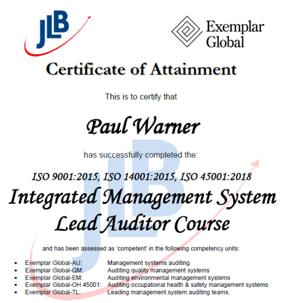 Paul Warner IMS Lead Auditor Course certificate covering ISO 9001, ISO 14001 and ISO 45001