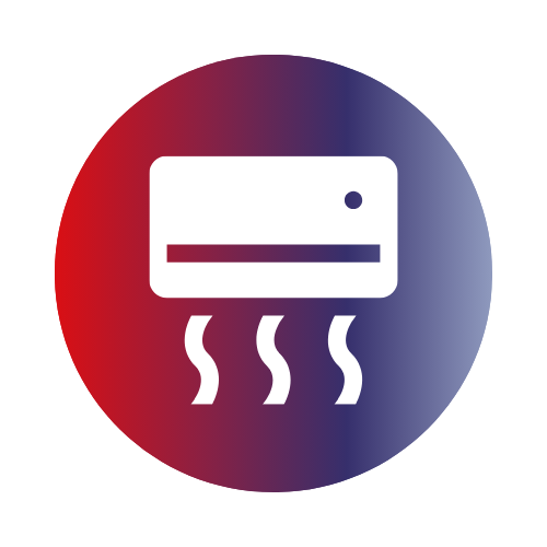 Icon of a white air conditioning unit with three wavy lines representing airflow inside a red to blue gradient circle.