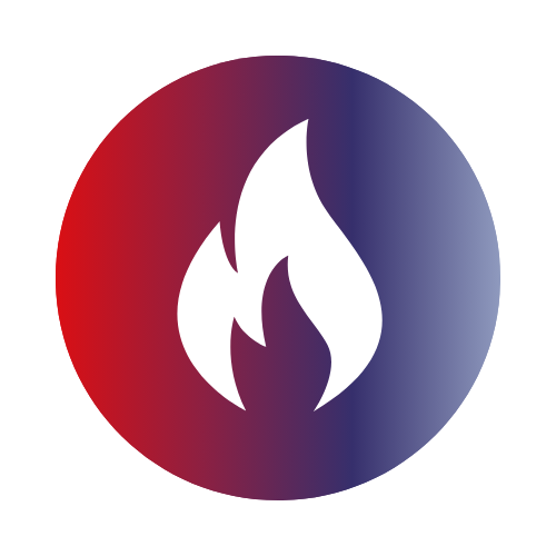 White flame icon centered on a circular background transitioning from red to blue.