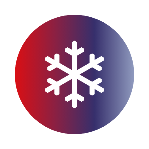 White snowflake icon centered on a circular gradient background transitioning from red on the left to blue on the right.