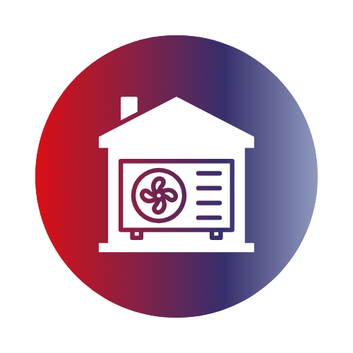 White house icon with an external heat pump unit inside, set against a red to blue gradient circular background.