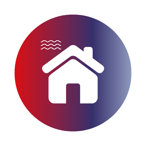White house icon with three wavy lines above left side, on a red to blue gradient circular background.