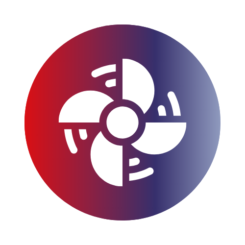 White ventilation fan icon with four blades on a circular background gradient from red to purple.