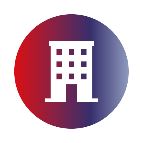 White building icon with windows and a door inside a circular background gradient from red to blue.