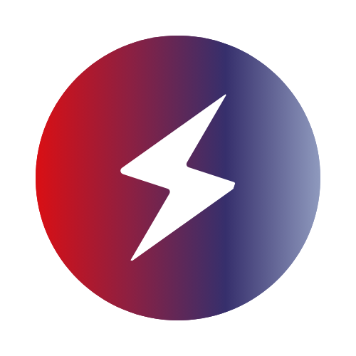 White lightning bolt icon centered on a circular background with a red to blue gradient.