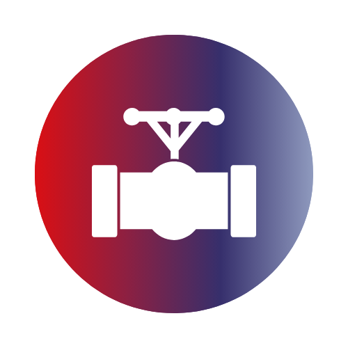 White pipeline valve icon centered on a circular gradient background transitioning from red on the left to blue on the right.