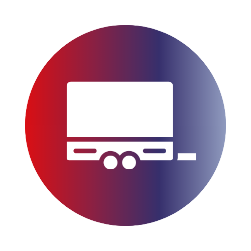 White trailer icon on a circular background with a red to blue gradient.