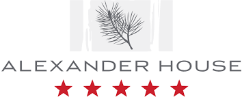 Alexander House logo with a stylized pine branch above the text and five red stars below.