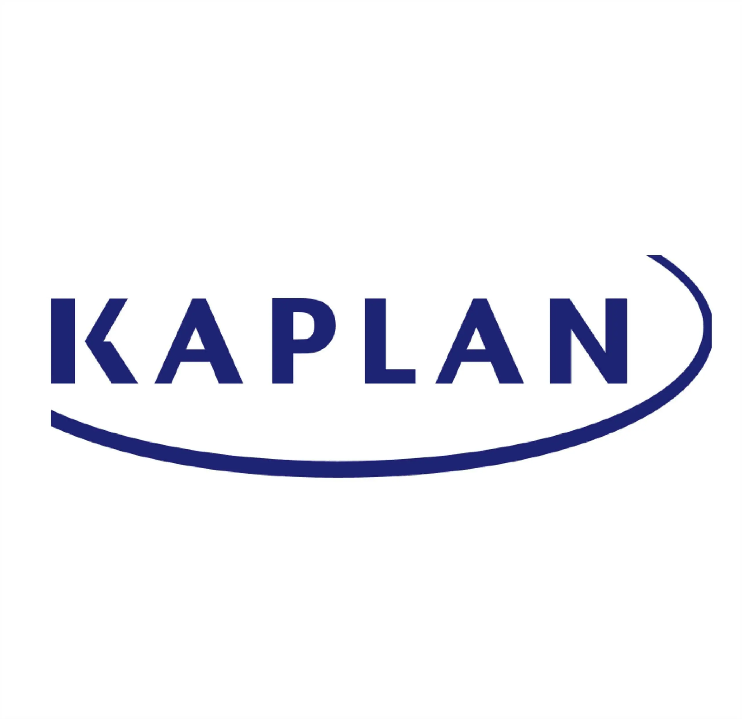 Kaplan logo with the word 'KAPLAN' in bold navy letters and a curved navy underline swoosh.