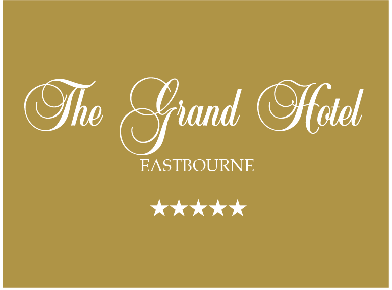 The Grand Hotel Eastbourne logo with elegant script text and five white stars on a gold background.