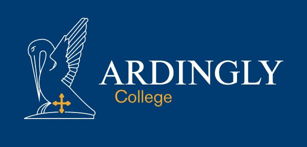 Ardingly College logo featuring a stylized bird with outstretched wing and a cross symbol on a blue background.