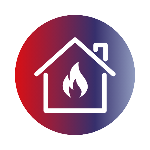 Icon of a house with a flame inside, symbolizing home heating, on a circular gradient background from red to blue.