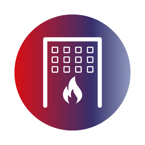 Icon of a white building with windows and a flame underneath on a circular gradient background transitioning from red to blue.