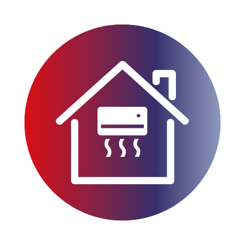 Icon of a house with an air conditioner emitting warm air inside.