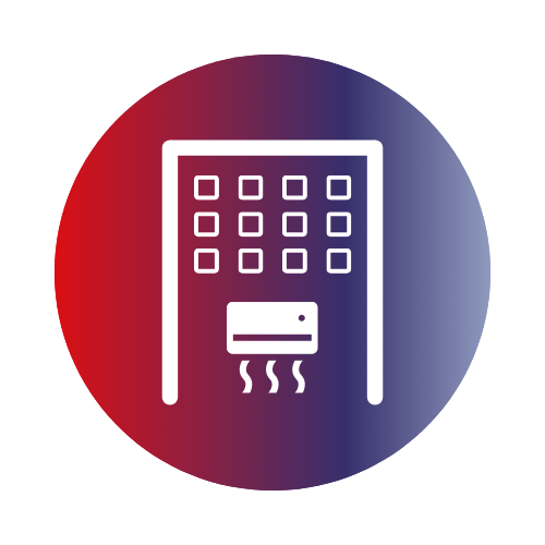 Icon of a commercial building with an air conditioning unit emitting cool air inside.