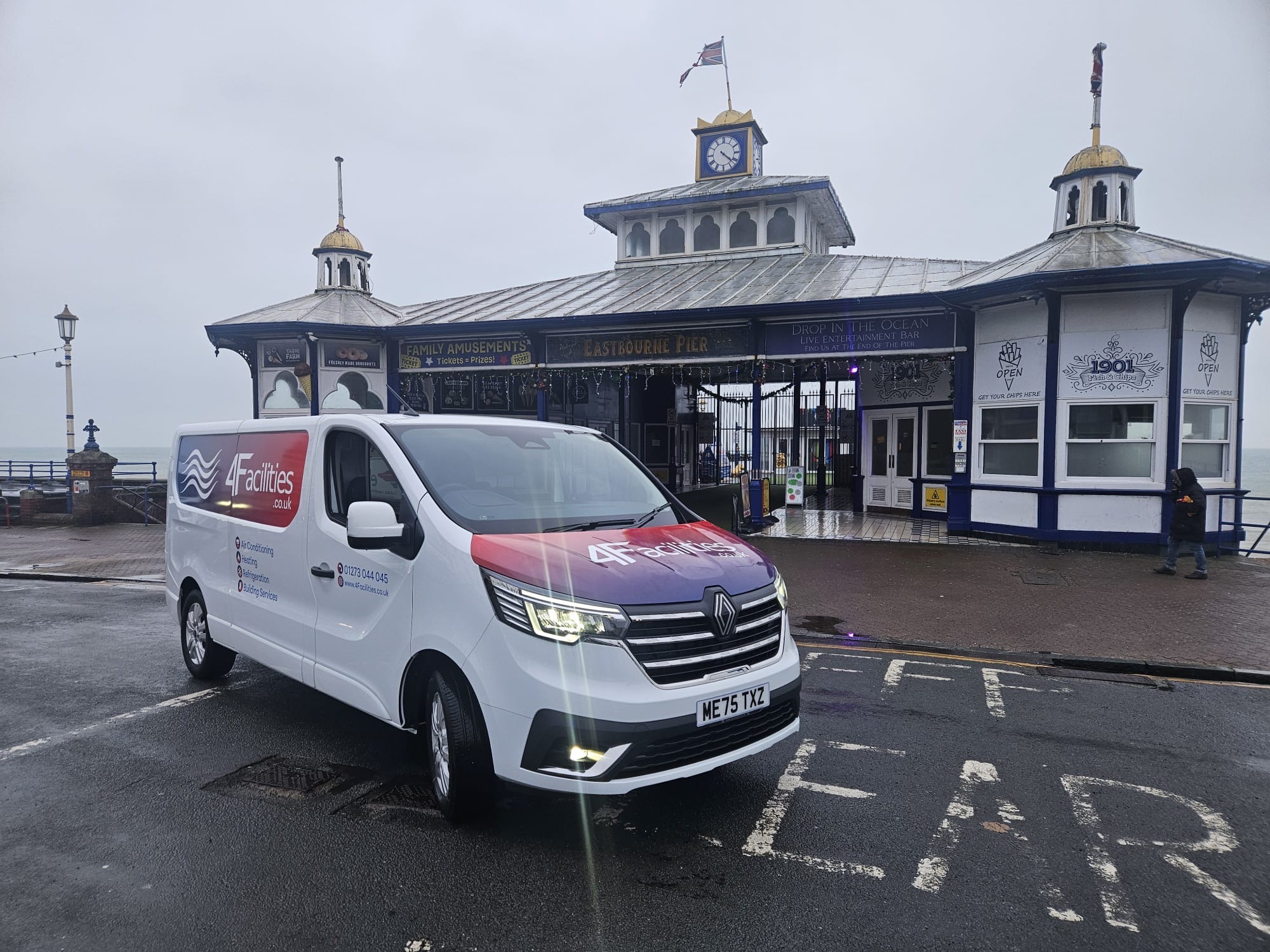 4Facilities van with updated company livery in front of Eastbourne Pier