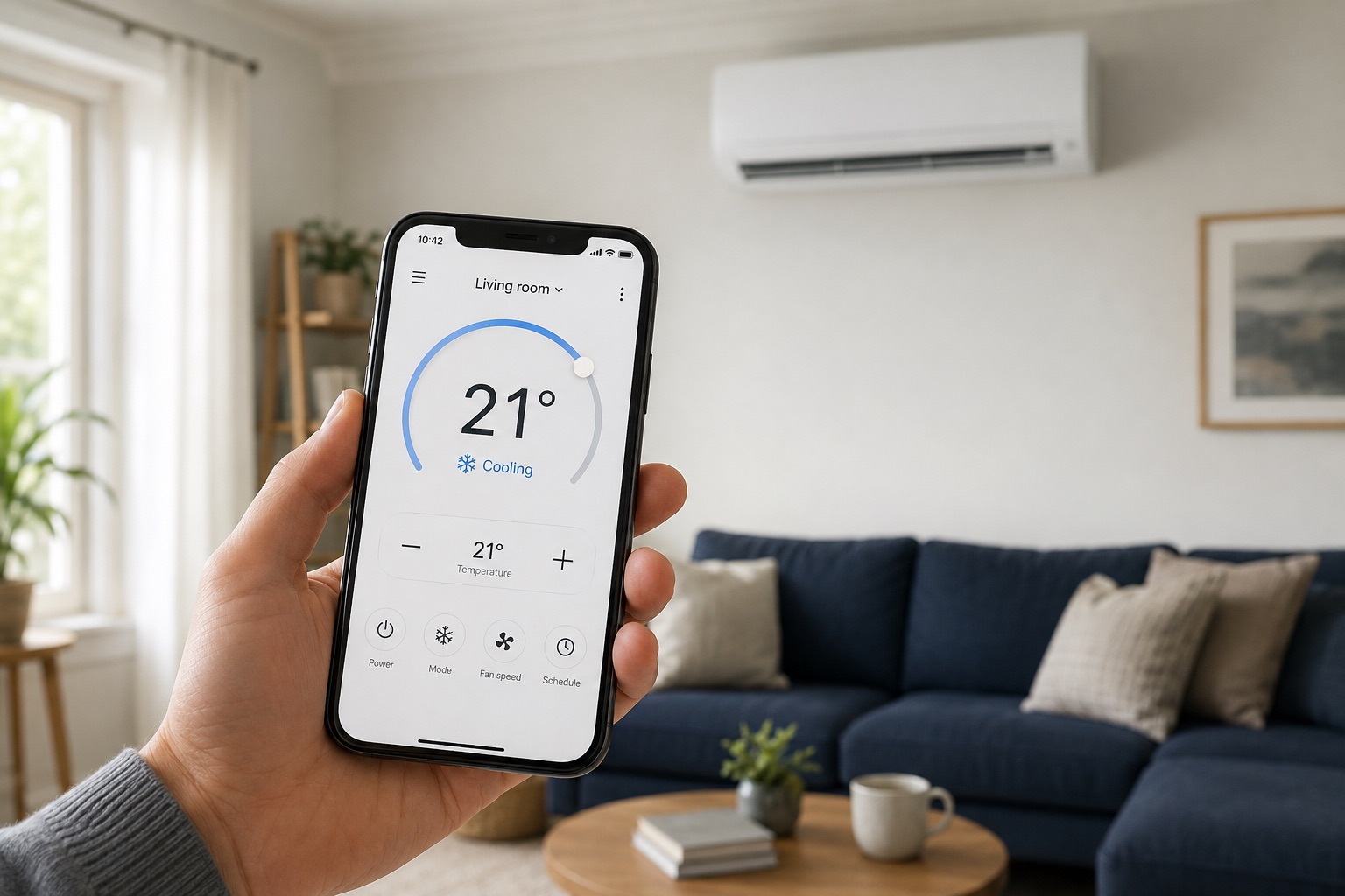 Illustration of a smartphone controlling home air conditioning, with a wall-mounted unit in the room
