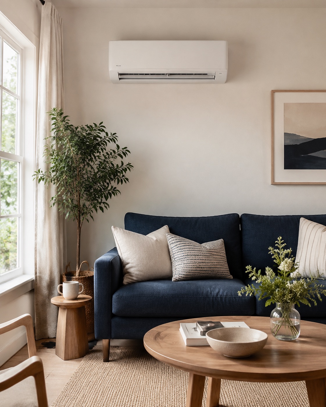 Illustrative living room with a wall-mounted air-conditioning unit above a navy sofa