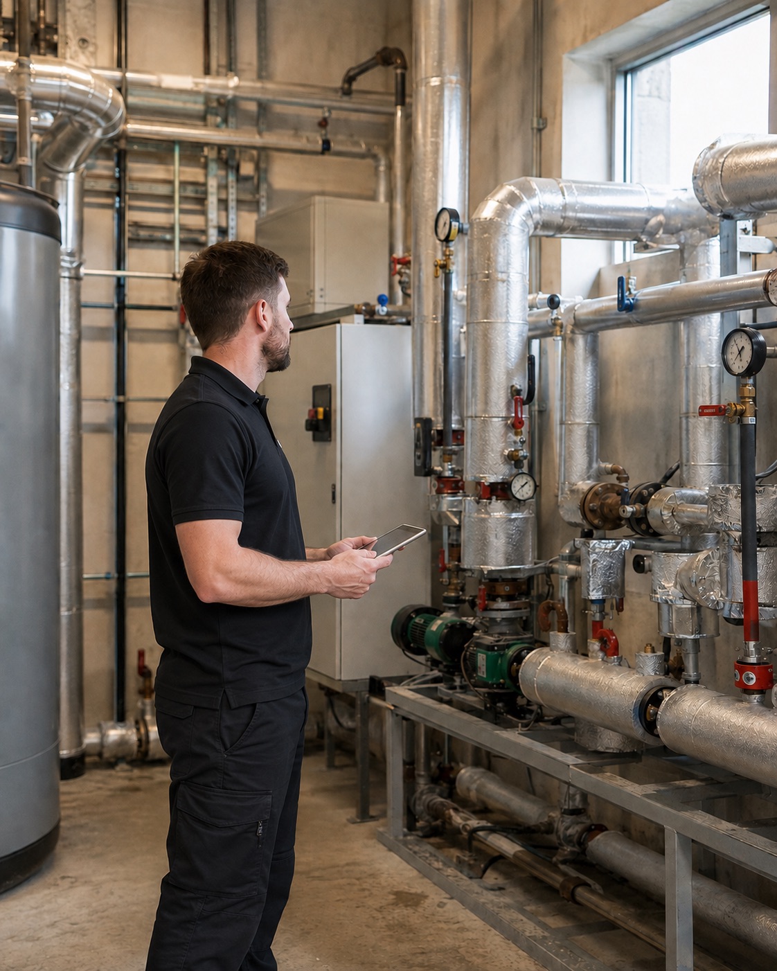 Illustration of an engineer in a black polo shirt and black work trousers surveying commercial plant with a tablet