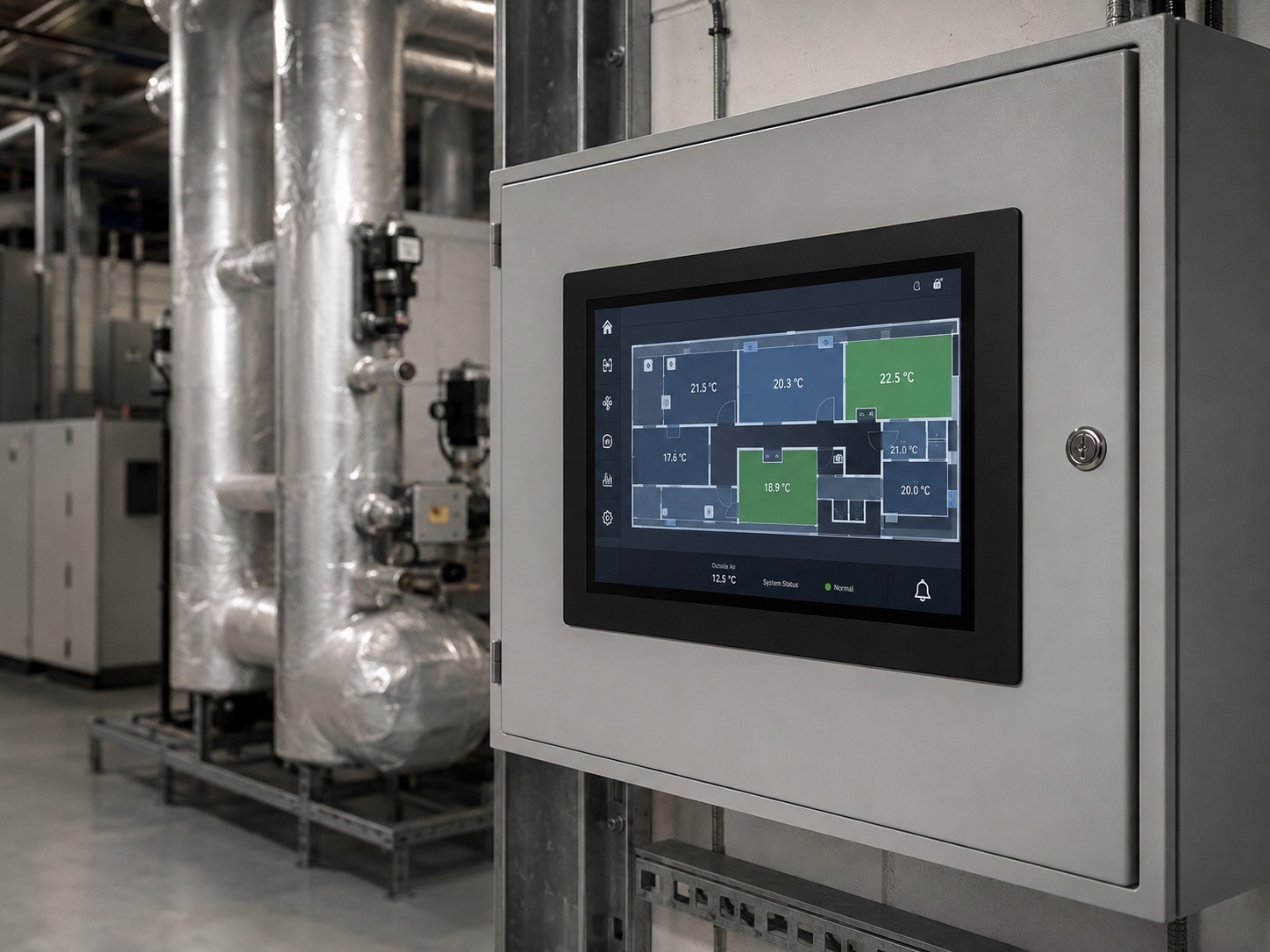 Illustration of a building-controls touchscreen displaying room temperatures in a commercial plant room