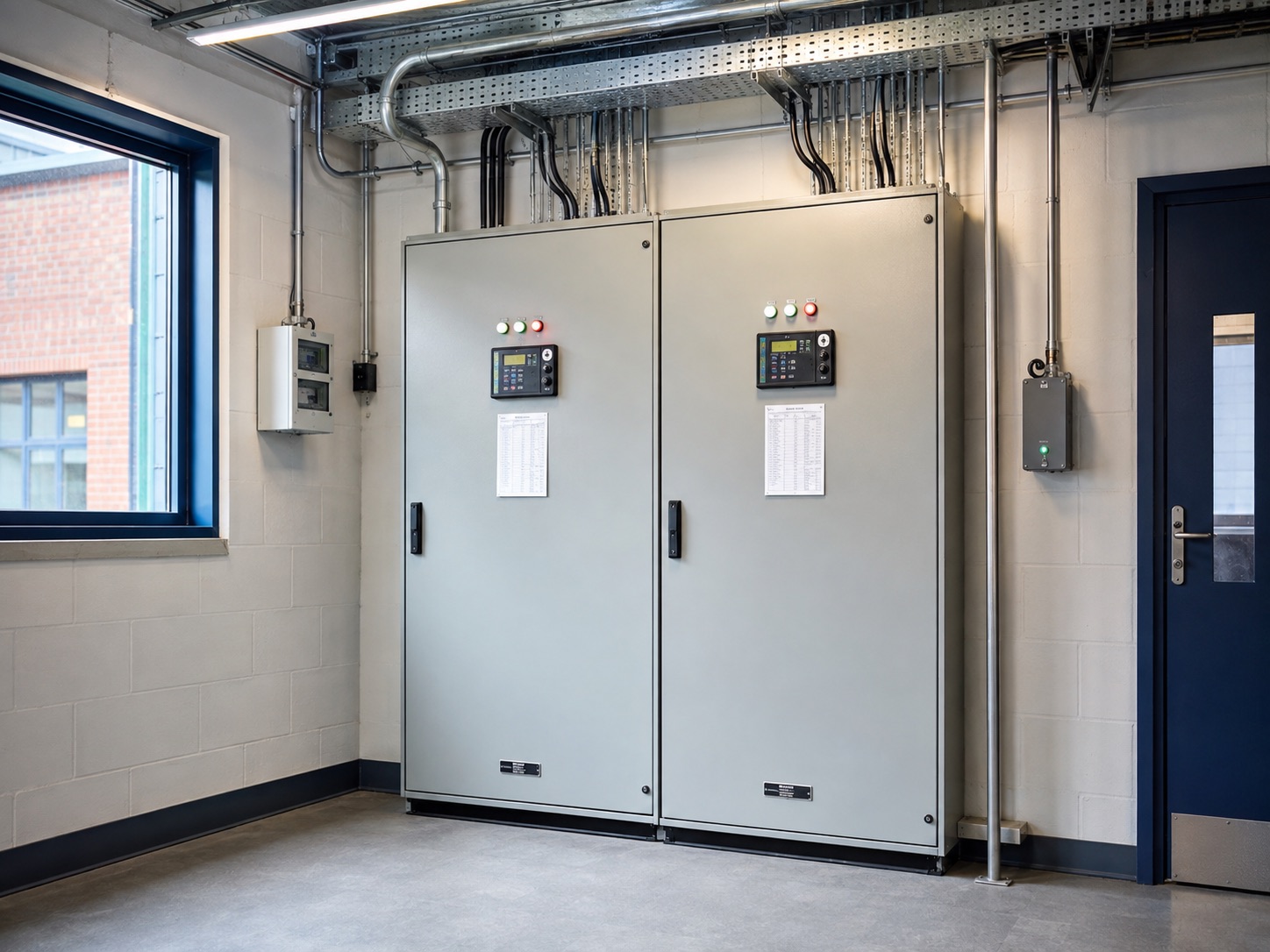 Illustration of commercial electrical distribution cabinets with neatly arranged cable containment