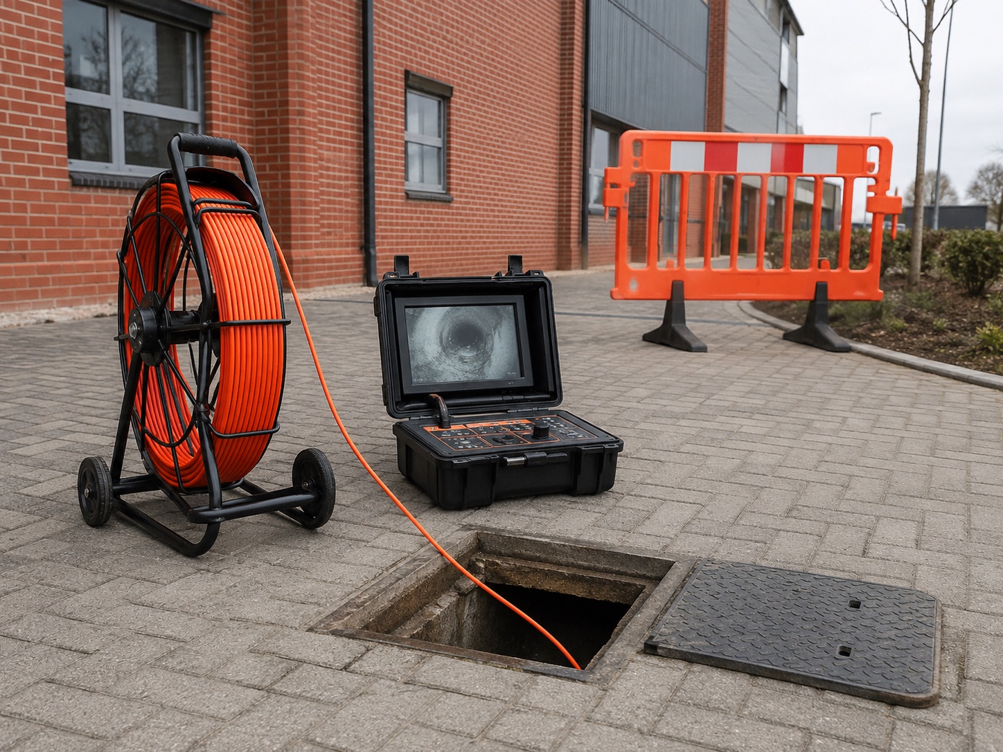 Illustration of drain inspection camera equipment beside an inspection chamber at commercial premises