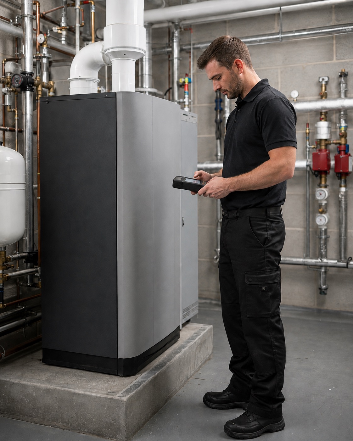 Illustration of an engineer in black workwear checking a handheld analyser beside a commercial boiler