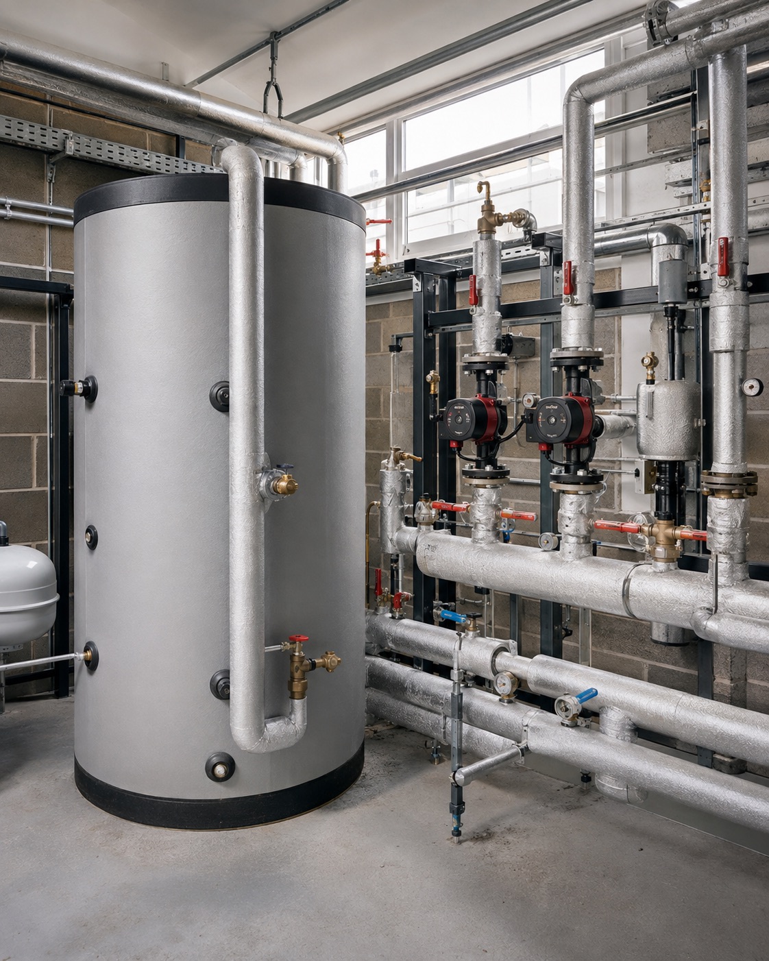 Illustration of a commercial hot-water cylinder, circulating pumps and insulated heating pipework