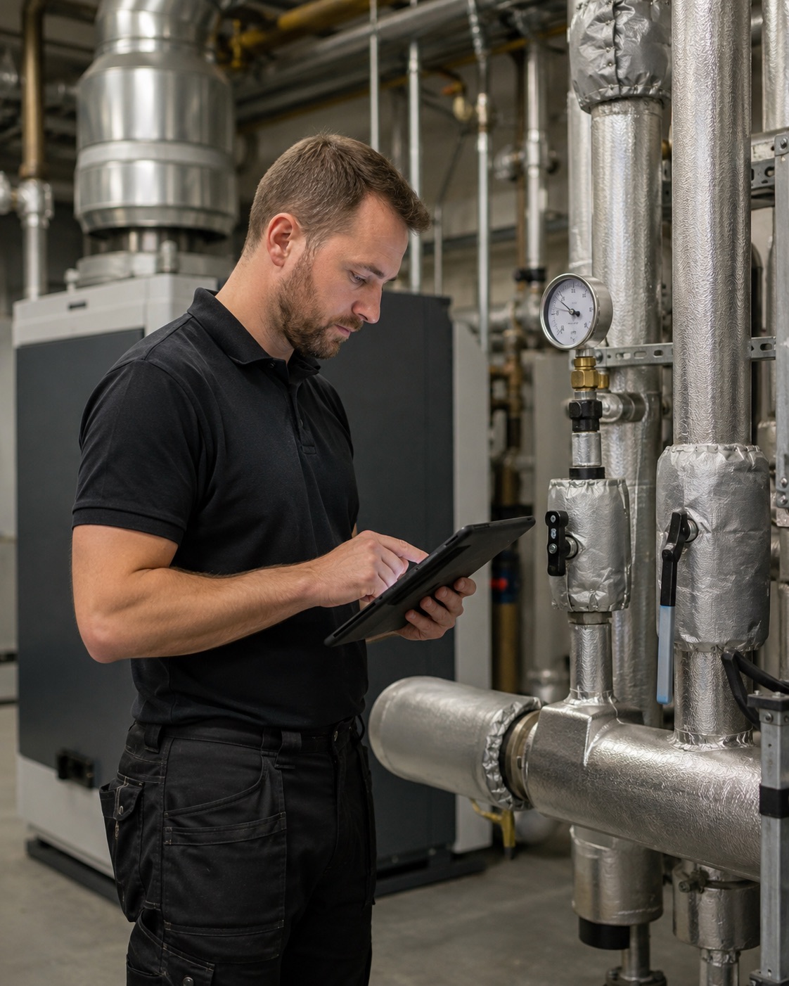 Illustration of an engineer recording heating inspection notes on a tablet beside pipework and a pressure gauge