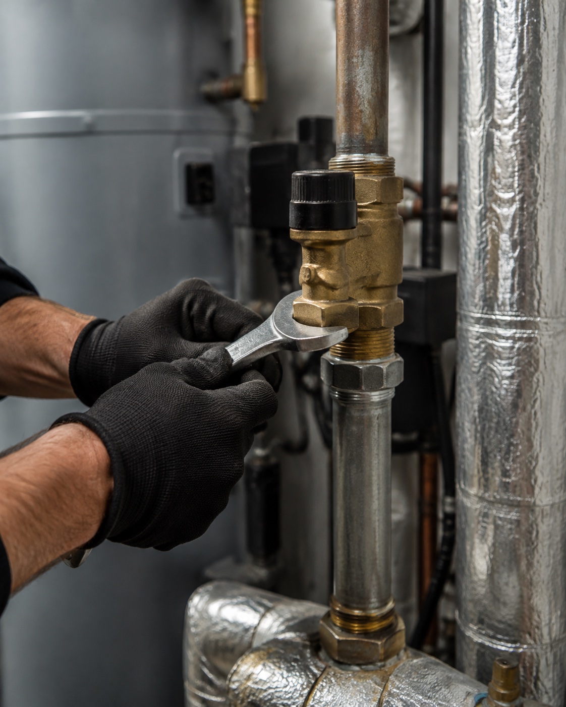 Illustration of gloved hands using a spanner on a heating valve and pipework