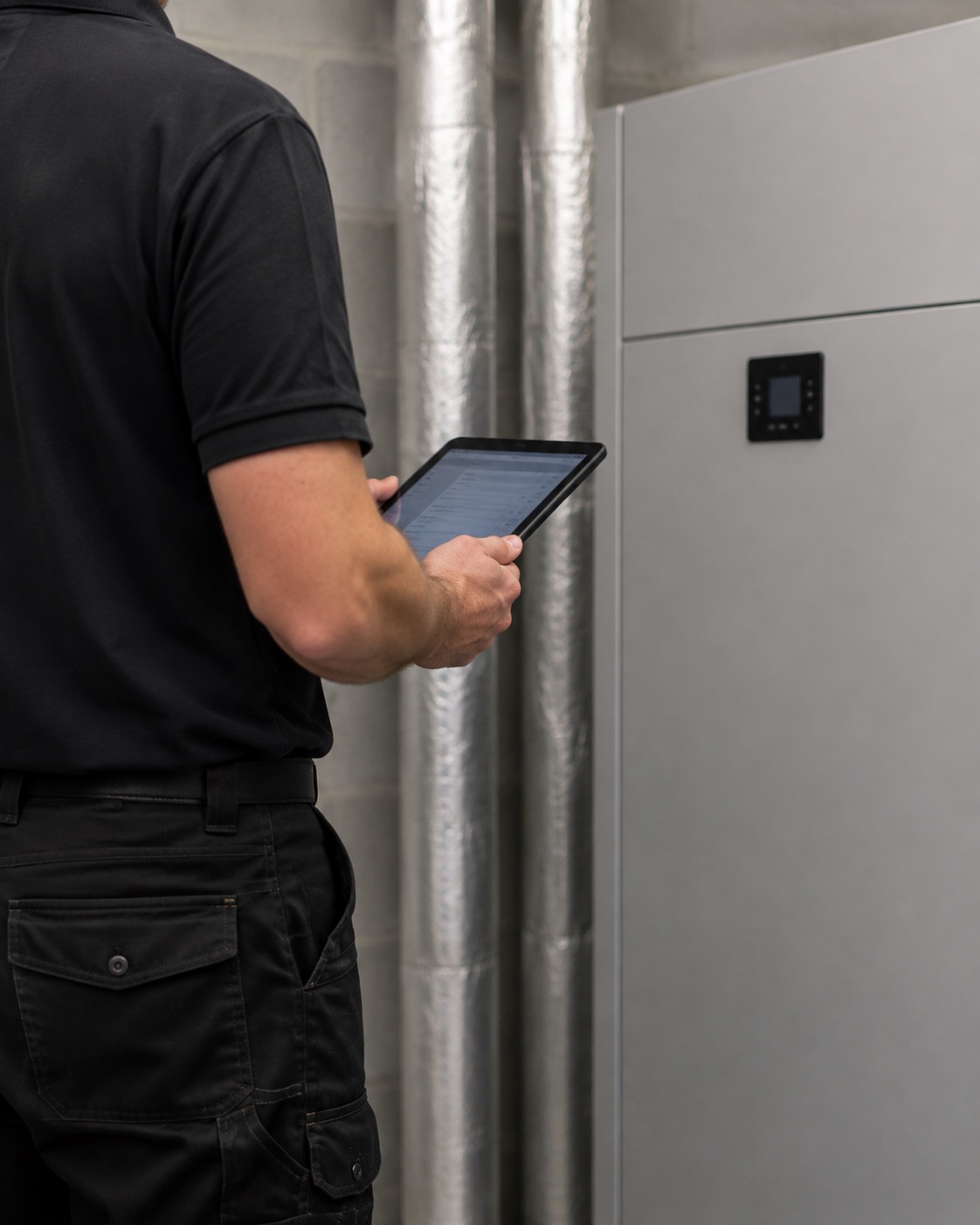 Illustration of an engineer reviewing an installation on a tablet beside heating equipment and insulated pipework