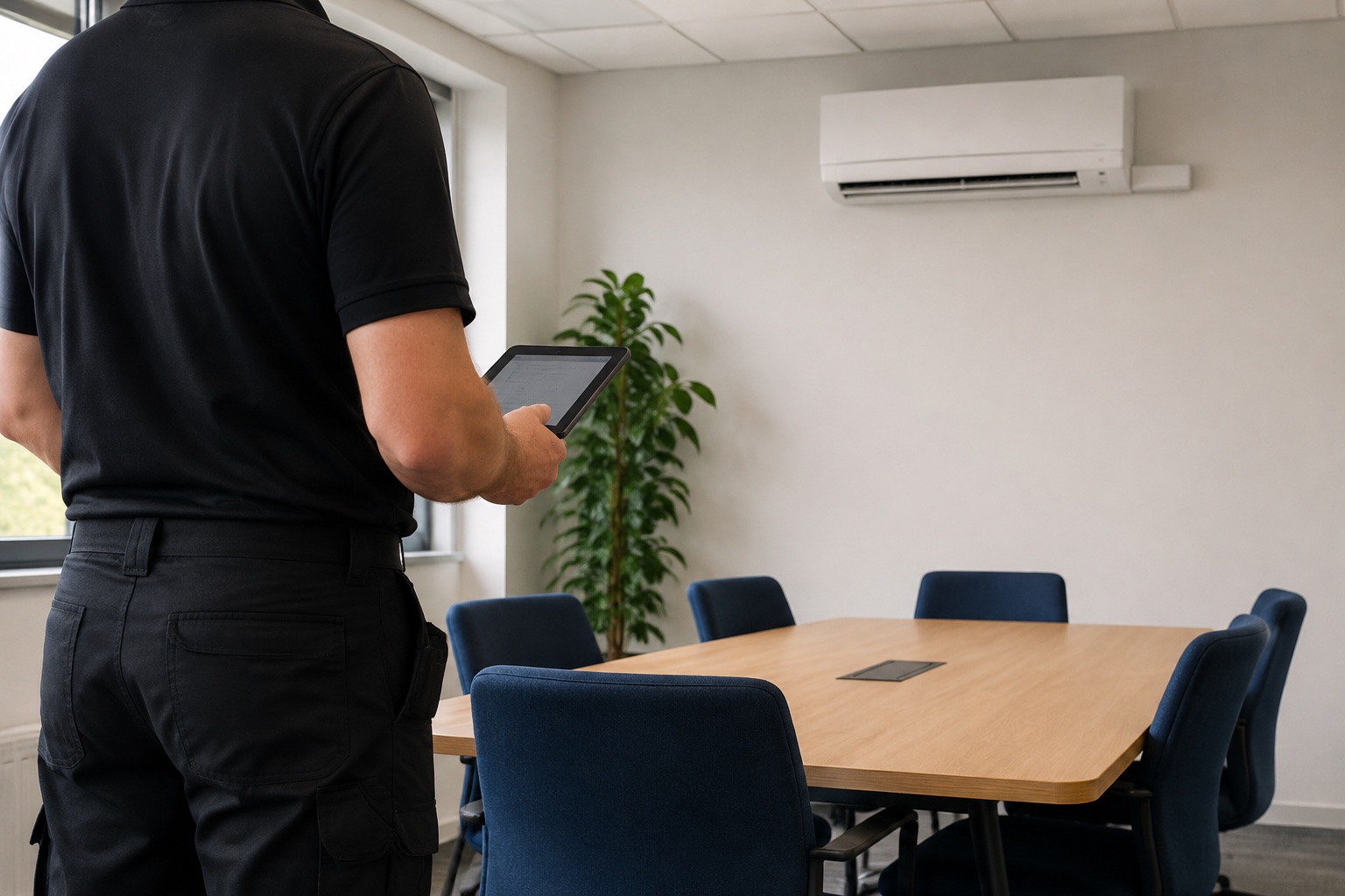 Engineer carrying out an air-conditioning site survey in a commercial meeting room